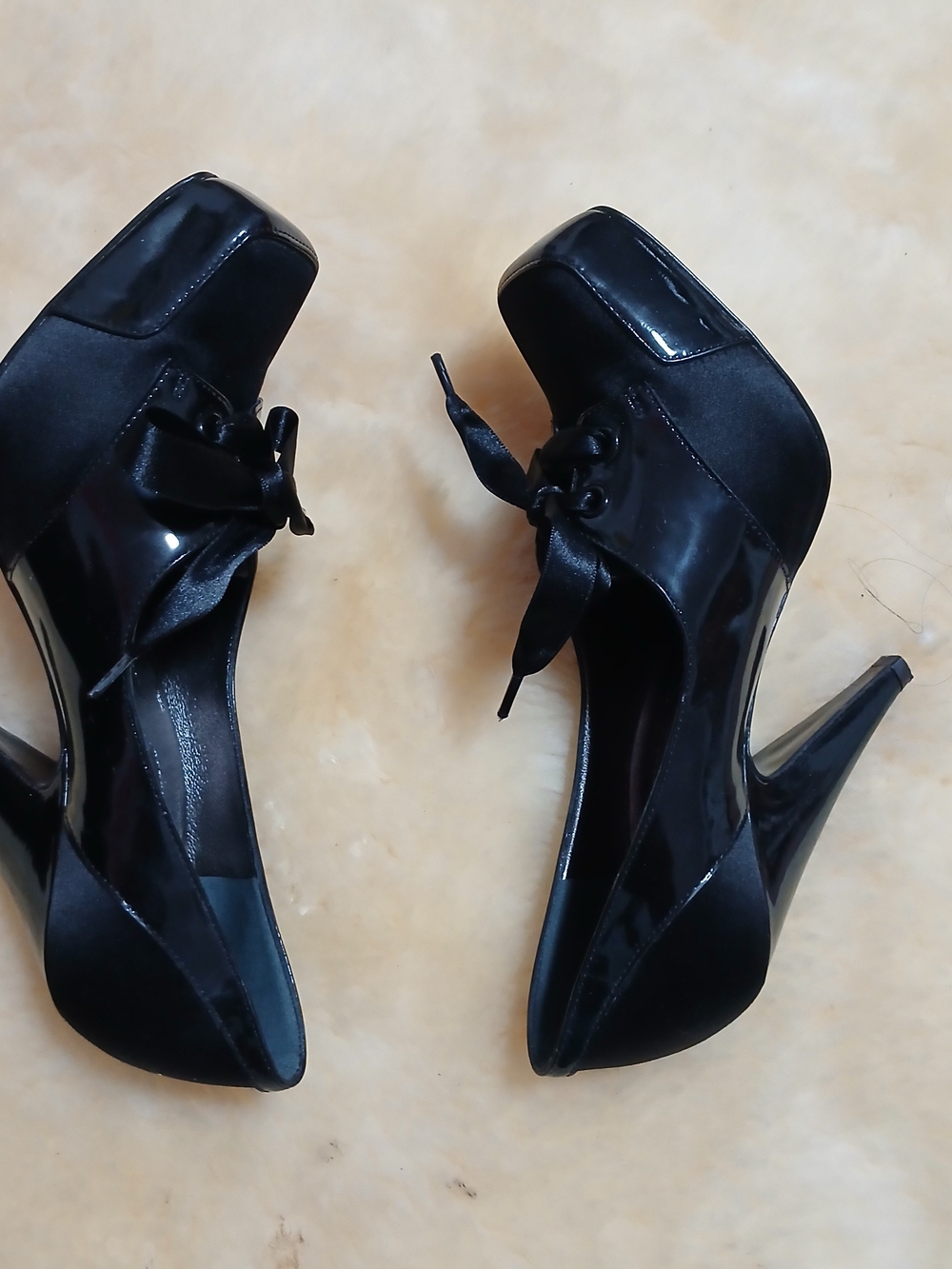 Alberta Ferretti Black Satin Platform Stiletto Heels with Bow